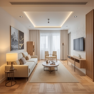 A small condo living room transformed into a multi-functional space with light-colored walls, strategically placed mirrors, and multi-purpose furniture including a sleek sofa bed and a compact, expandable dining table. The room is illuminated by modern, discreet lighting fixtures, providing a bright, airy feel, emphasizing smart, space-saving solutions.