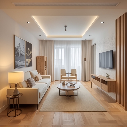 A small condo living room transformed into a multi-functional space with light-colored walls, strategically placed mirrors, and multi-purpose furniture including a sleek sofa bed and a compact, expandable dining table. The room is illuminated by modern, discreet lighting fixtures, providing a bright, airy feel, emphasizing smart, space-saving solutions.