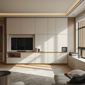 A modern, multi-functional living room in a small condo, featuring a built-in wall unit with a fold-out desk, storage compartments, and a sleek, minimalist design. The room is bathed in natural light, enhancing the sense of space and featuring neutral, calming colors.