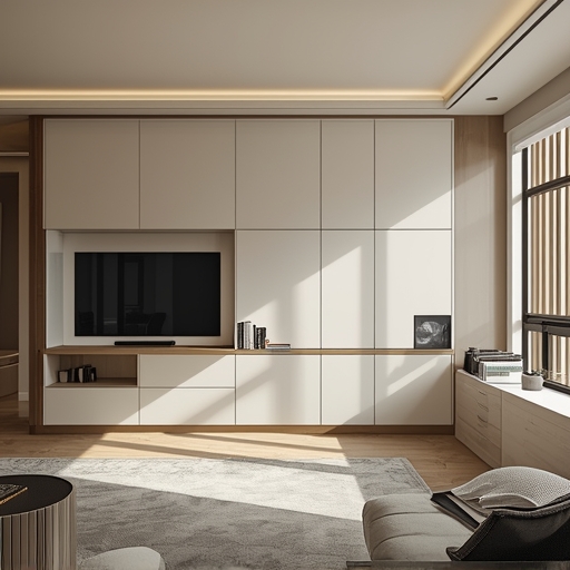 A modern, multi-functional living room in a small condo, featuring a built-in wall unit with a fold-out desk, storage compartments, and a sleek, minimalist design. The room is bathed in natural light, enhancing the sense of space and featuring neutral, calming colors.