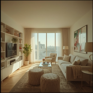 A bright and airy small condo living room, featuring light-colored walls, floor-to-ceiling shelving filled with books and decor, a compact, multifunctional furniture setup with a sofa bed and storage ottomans, large windows draped with sheer curtains, and a strategically placed mirror reflecting natural light, creating a spacious and inviting atmosphere