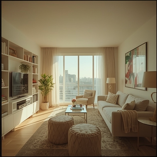 A bright and airy small condo living room, featuring light-colored walls, floor-to-ceiling shelving filled with books and decor, a compact, multifunctional furniture setup with a sofa bed and storage ottomans, large windows draped with sheer curtains, and a strategically placed mirror reflecting natural light, creating a spacious and inviting atmosphere