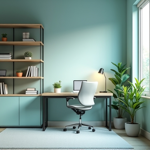 A minimalist yet functional home office featuring a sleek, modern desk, ergonomically designed chair, organized shelves, and a soft color palette of blues and greens. The room is well-lit by a combination of natural light from a large window and high-quality task lighting, creating an inviting and productive environment.