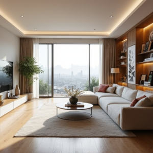 Bright and airy small condo living room with modern minimalist decor, large windows allowing natural light, and smart storage solutions like built-in shelves and multi-functional furniture, enhancing the sense of space and maximizing functionality.