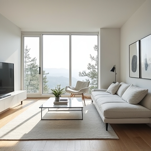 A small, modern condo living room featuring a sleek, white sofa bed, a reflective glass coffee table, and light wood flooring, enhancing the sense of space with a minimalist approach, natural light flooding through large windows