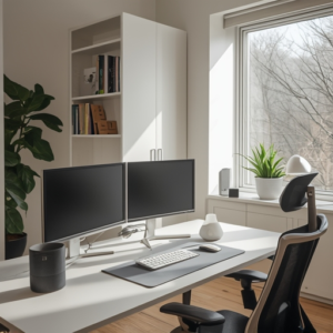 A modern home office featuring the latest technology, including dual monitors, a smart assistant device, and ergonomic furniture. The room is well-lit, with a clean, minimalistic design emphasizing functionality and style.