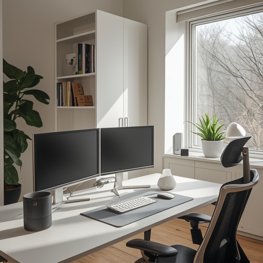 A modern home office featuring the latest technology, including dual monitors, a smart assistant device, and ergonomic furniture. The room is well-lit, with a clean, minimalistic design emphasizing functionality and style.