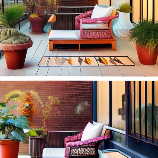 A beautifully transformed condo balcony featuring modern furniture, vibrant plants, and stylish lighting, creating a cozy and inviting outdoor space