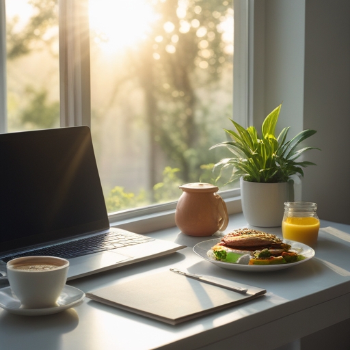 A serene morning setup showing a neatly organized workspace with a laptop, a healthy breakfast on the side, a small potted plant for a touch of greenery, soft morning sunlight filtering through a window, creating a calm and motivating environment