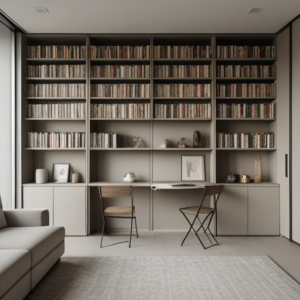 A modern condo living area featuring floor-to-ceiling shelving packed with books, decorative items, and a foldable wall-mounted desk, showing a clean, organized space with contemporary décor and neutral colors
