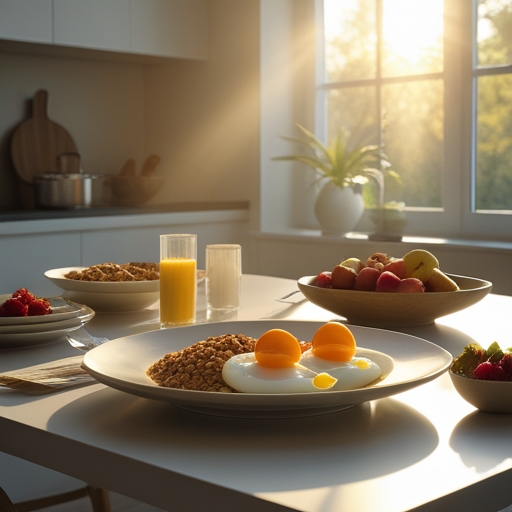 A serene breakfast setup showing a healthy meal with eggs, whole grains, and fruits on a modern kitchen table, morning sunlight streaming through a nearby window, creating a warm, inviting atmosphere