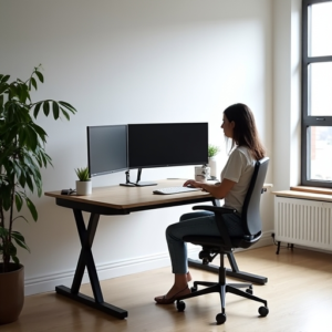 modern home office with ergonomic furniture including a standing desk, ergonomic chair, and multiple monitors setup, in a room with ample natural light and minimalist decor