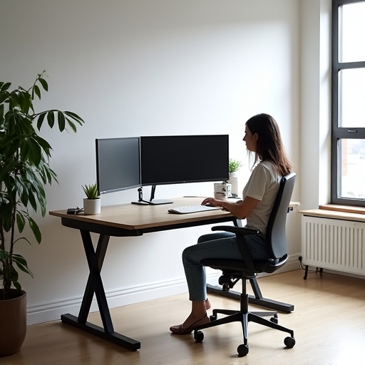 modern home office with ergonomic furniture including a standing desk, ergonomic chair, and multiple monitors setup, in a room with ample natural light and minimalist decor