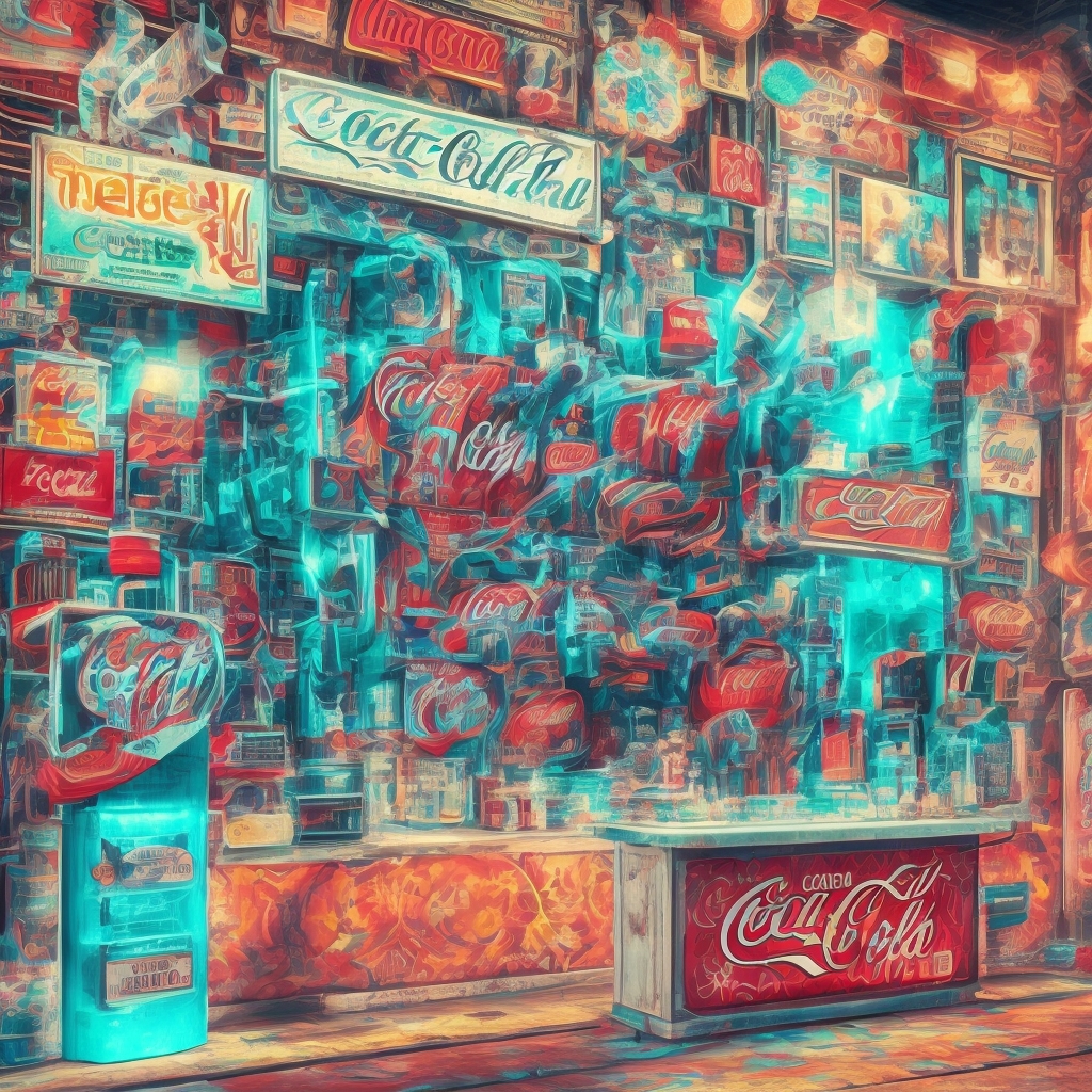 A nostalgic 90s themed advertisement banner featuring classic Coca-Cola bottles, a vintage Nintendo console, surrounded by neon lights and pastel colors, evoking a sense of retro charm and warmth, high detail, vibrant