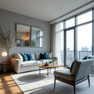 A modern small condo living room with multi-functional furniture such as a Murphy bed and a desk that expands into a dining table, strategically placed mirrors enhancing the natural light from large windows, and a soothing color palette of soft blues and greys, creating an airy and open feel