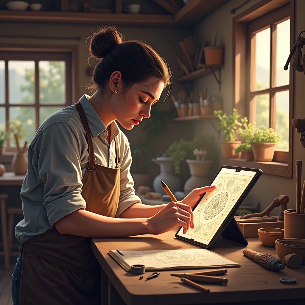 Artisan using a tablet to design traditional patterns in a rustic workshop, surrounded by handmade crafts and tools, warm natural lighting emphasizes a blend of old and new, highly detailed, photorealistic