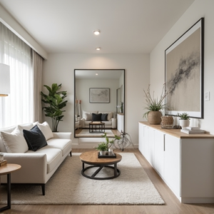 A small, stylishly renovated condo living room featuring light colors, multifunctional furniture, built-in storage solutions, and a large mirror reflecting natural light, creating a spacious and inviting atmosphere.