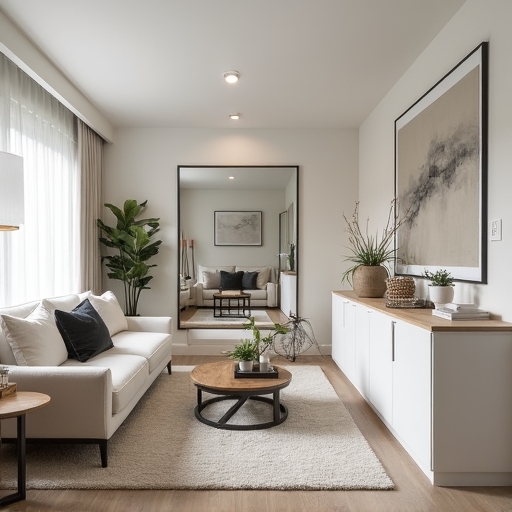 A small, stylishly renovated condo living room featuring light colors, multifunctional furniture, built-in storage solutions, and a large mirror reflecting natural light, creating a spacious and inviting atmosphere.