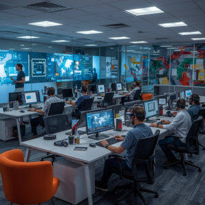 A virtual reality workspace with multiple users interacting with digital interfaces and 3D models, set in a vividly rendered office environment that combines elements of futuristic technology and comfortable, modern office furniture, emphasizing a blend of efficiency and comfort