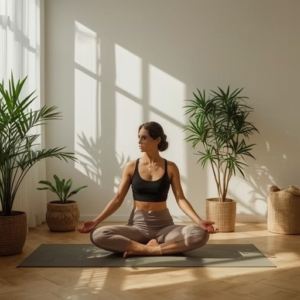 A serene morning scene depicting a person practicing yoga in a sunlit room, reflecting calm and focus, with minimalist decor and a sense of tranquility, embodying a perfect start to a productive day