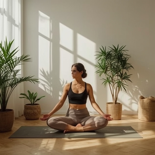 A serene morning scene depicting a person practicing yoga in a sunlit room, reflecting calm and focus, with minimalist decor and a sense of tranquility, embodying a perfect start to a productive day