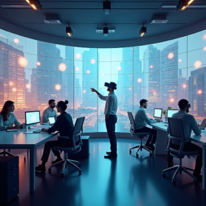 a futuristic virtual reality workspace showing diverse avatars of remote workers interacting in a high-tech virtual office environment, with floating digital screens and a vivid, immersive cityscape background