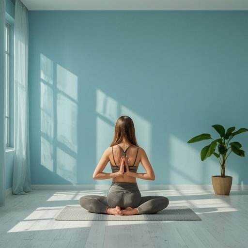 A serene morning setting showing a person practicing yoga in a sunlit room, minimalistic decor with calming blue and green hues, promoting a sense of peace and concentration