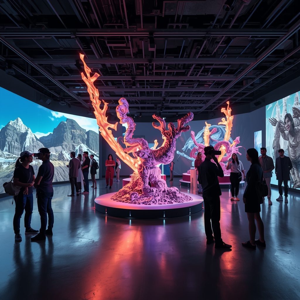 A digital art exhibition showcasing VR headsets, visitors interacting with 3D virtual environments, vivid colors and abstract digital sculptures, modern gallery setting with interactive displays, high-tech yet artistic ambiance