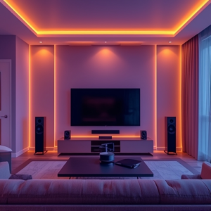 A modern condo living room featuring a smart home theater system with large flat-screen TV, surround sound speakers, and ambient lighting, showcasing a cozy yet futuristic atmosphere