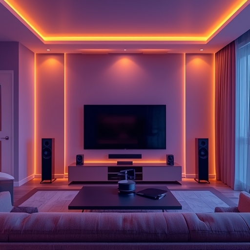 A modern condo living room featuring a smart home theater system with large flat-screen TV, surround sound speakers, and ambient lighting, showcasing a cozy yet futuristic atmosphere