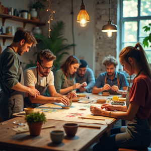 A vibrant workshop scene depicting a diverse group of people engaged in various activities such as painting, pottery, and digital photography, showcasing their involvement in different micro-hobbies, with bright colors and lively atmosphere, capturing the essence of community and creativity in a modern urban setting