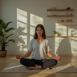 a peaceful morning scene at home showing a person meditating in a sunlit room, followed by preparing a healthy breakfast in a modern, well-organized kitchen, illustrating a balanced and productive morning routine