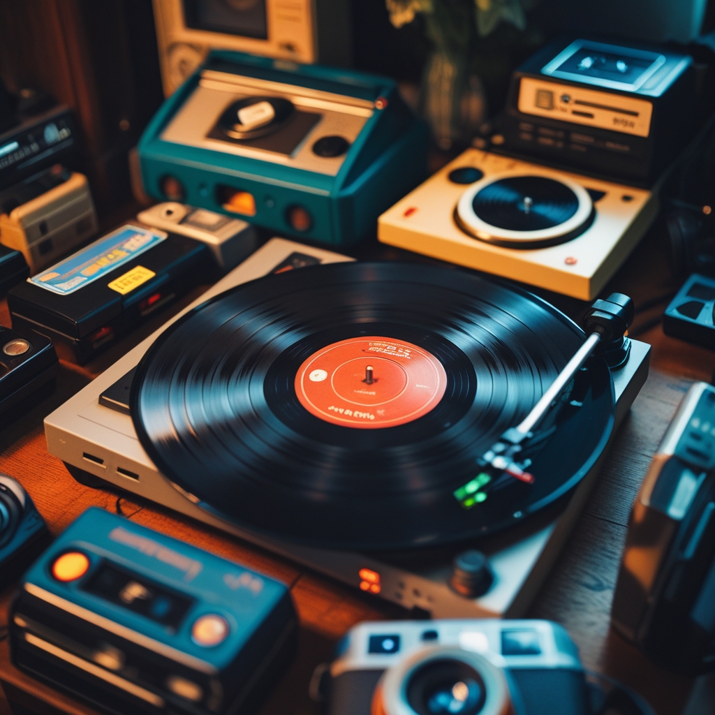 A cozy, dimly lit room filled with vintage gadgets including vinyl record players, classic video game consoles, and instant cameras, evoking a sense of nostalgia and warmth, with soft focus on a spinning vinyl record.