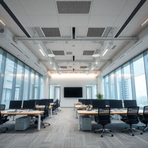 modern office space with integrated technology, featuring automated lighting systems and minimalist design, to depict the concept of maximizing design efficiency in commercial renovations