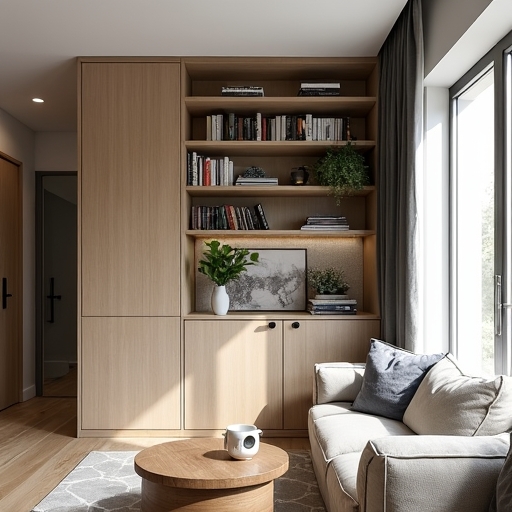 A small condo living room with high, wall-mounted cabinets and stylish floating shelves filled with books and plants, demonstrating efficient use of vertical space, the room bathed in soft natural light