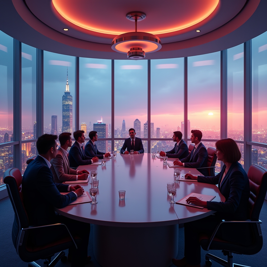 Virtual meeting room simulating a corporate boardroom with high-resolution avatars, modern design, overlooking a vibrant cityscape, enhancing realism in virtual collaborations, detailed and photorealistic