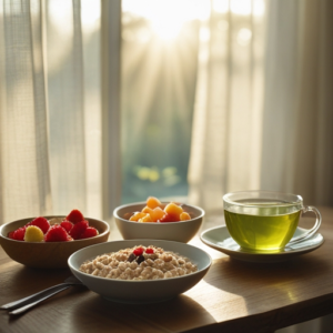 a serene morning setting with a healthy breakfast spread on a wooden table, including oatmeal, fresh fruits, and a cup of green tea, morning sunlight filtering through sheer curtains, creating a warm, inviting atmosphere
