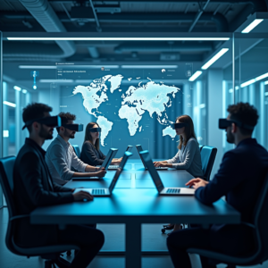 A futuristic virtual reality office space with interactive holographic displays and a diverse group of avatars representing remote workers from around the globe, engaged in a collaborative project. The environment is sleek, with a high-tech ambiance and soft blue lighting, promoting a calm and productive workspace.