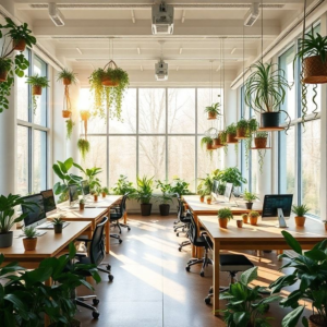 modern office environment emphasizing biophilic design, with abundant plant life, natural wood desks, sunlight filtering through large windows, creating a peaceful and productive workspace