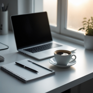 A neatly organized workstation with a laptop, notepad, pen, and a morning cup of coffee on a clean, modern desk, highlighted by the soft morning sunlight filtering through a nearby window, creating a calm and inviting work environment