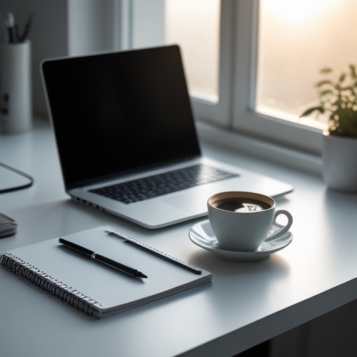 A neatly organized workstation with a laptop, notepad, pen, and a morning cup of coffee on a clean, modern desk, highlighted by the soft morning sunlight filtering through a nearby window, creating a calm and inviting work environment