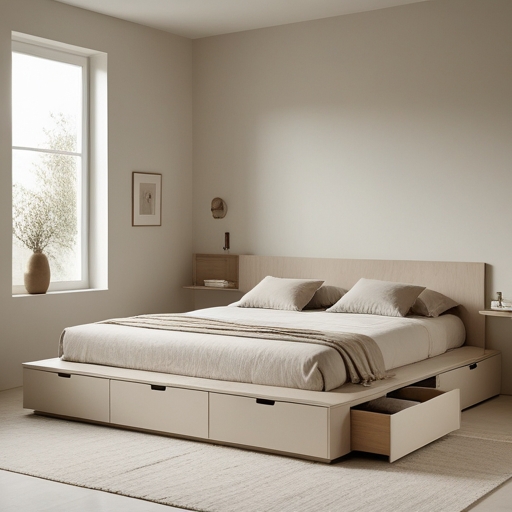 minimalist bedroom with a raised platform bed featuring built-in storage drawers, soft neutral colors, and a serene, uncluttered vibe