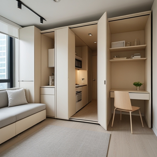 A modern, multifunctional small urban condo interior demonstrating efficient use of space with light colors, foldable furniture, and built-in storage solutions, creating an airy and spacious atmosphere
