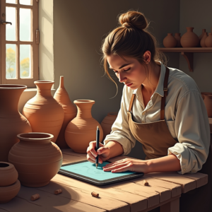 Artisan using a digital tablet in a traditional pottery workshop, surrounded by beautiful clay pots, the environment filled with natural light emphasizing the fusion of old and new techniques, high-resolution image capturing the detailed textures of clay and digital devices