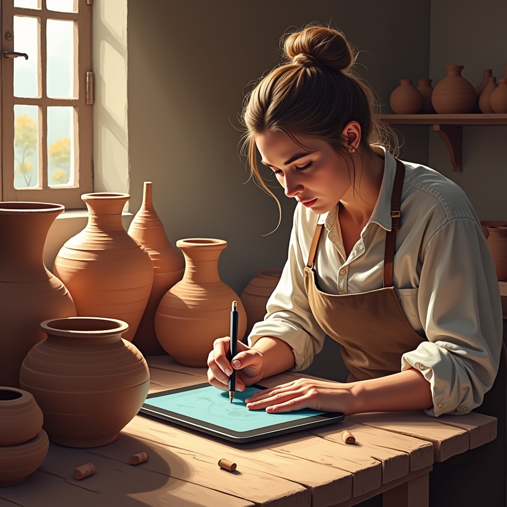 Artisan using a digital tablet in a traditional pottery workshop, surrounded by beautiful clay pots, the environment filled with natural light emphasizing the fusion of old and new techniques, high-resolution image capturing the detailed textures of clay and digital devices