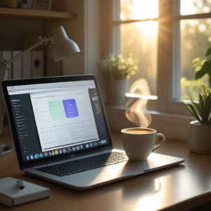 A serene morning setup featuring a neatly arranged home office with a laptop open to a productivity app, a cup of steaming coffee beside it, morning sunlight streaming through a nearby window, creating a warm, inviting atmosphere