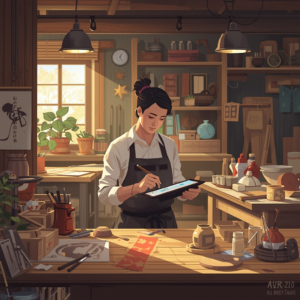 Artisan using digital tablet to design traditional crafts in a well-lit workshop, surrounded by handmade items and crafting tools, showcasing a blend of old and new technology, warm and inviting atmosphere