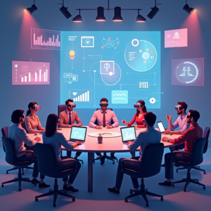 virtual reality meeting with diverse participants, modern gadgets, high-resolution, immersive environment, visually engaging, photorealistic quality
