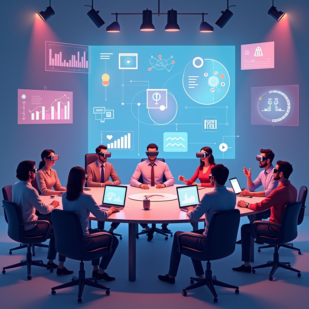virtual reality meeting with diverse participants, modern gadgets, high-resolution, immersive environment, visually engaging, photorealistic quality