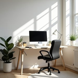 A neat, minimalist home office desk setup with ergonomic furniture, bright natural light, and organized desk accessories, reflecting a calm and efficient workspace environment